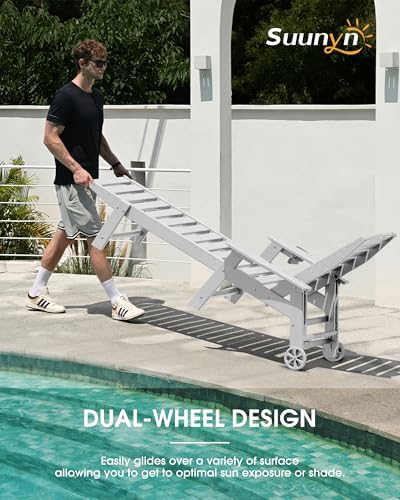 Chaise Lounge Outdoor, Lounge Chair Outdoor with Wood Texture, Adjustable 5-Position Backrest, HDPE Lounge Chair with Wheels & Cup Holder for Pool Deck Backyard, White | All-Weather HDPE lounge chair, 5-level adjustable backrest, wheels and cup holder