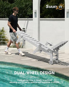 Chaise Lounge Outdoor, Lounge Chair Outdoor with Wood Texture, Adjustable 5-Position Backrest, HDPE Lounge Chair with Wheels & Cup Holder for Pool Deck Backyard, White | All-Weather HDPE lounge chair, 5-level adjustable backrest, wheels and cup holder