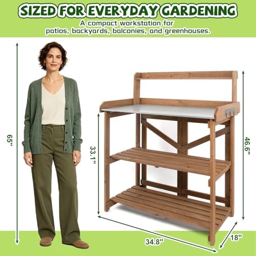 ketive outdoor potting bench with metal top and showing dimensions