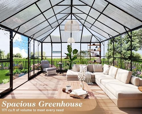 howe 16x12x9.5 ft pavilion styled greenhouse with clear, side view