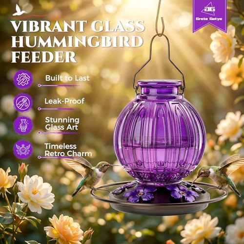 Glass Hummingbird Feeder for Outdoors Hanging, 26 fl oz Bird Nectar Feeder | 5 Metal Flower Feeding Ports, 360° Perch Ring, Easy Refill Clean, Leakproof, Ideal for Backyard Garden Outdoor Decor, Purple