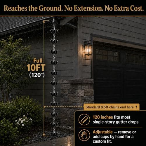 10ft rain chain for gutters, black aluminum daffodil, close-up detail
