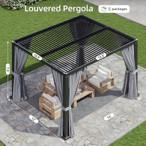 aoxun louvered pergola 12x14 all-aluminum, waterproof curtains and, view 9