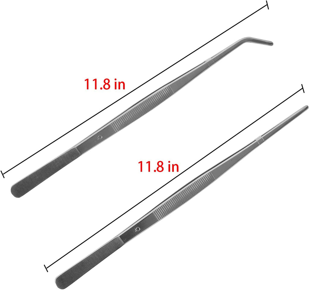 2 Pcs 12 Inch Long Handle Stainless Steel Straight and Curved Tweezers Nippers, Set with Serrated Tips Comfortable Ridged Handle for Garden, Kitchen, Indoors and Outdoors
