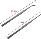 2 Pcs 12 Inch Long Handle Stainless Steel Straight and Curved Tweezers Nippers, Set with Serrated Tips Comfortable Ridged Handle for Garden, Kitchen, Indoors and Outdoors