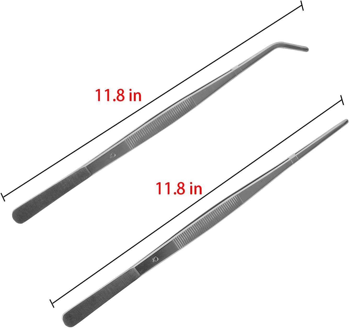 2 Pcs 12 Inch Long Handle Stainless Steel Straight and Curved Tweezers Nippers, Set with Serrated Tips Comfortable Ridged Handle for Garden, Kitchen, Indoors and Outdoors