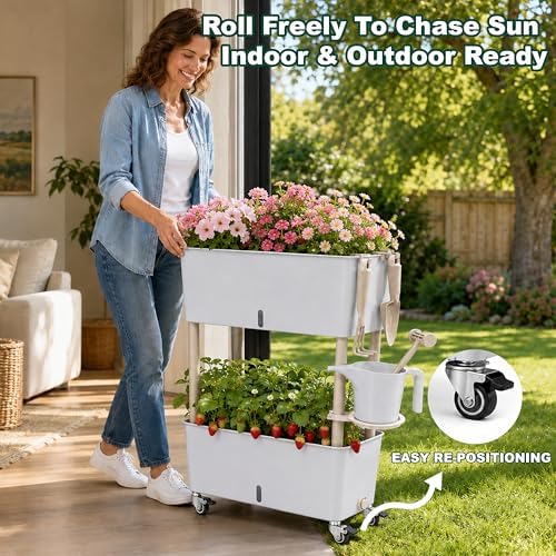 2-tier 27.8"h rolling raised garden bed with wheels shown in use