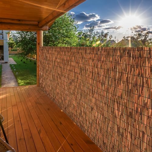 brown 4ft x16.4ft reed fencing roll bamboo privacy, front angle view