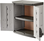 Rubbermaid Wall Mounted Storage Cabinet with Doors 150-Pound Capacity Gray Lockable Three-Shelf Cubbard for Tools/Car Accessories/Cleaning in Home/Garage/Outdoor Areas