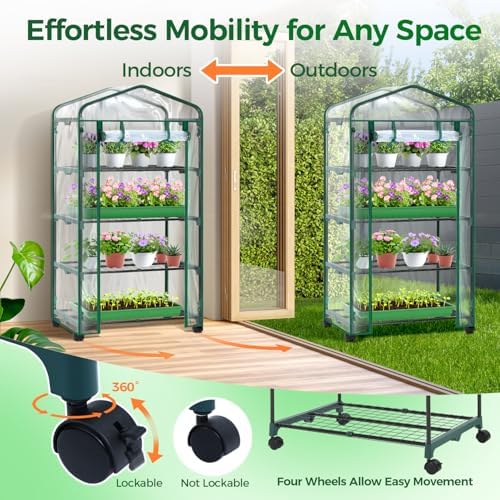 ohuhu mini greenhouse for indoor outdoor with wheel shown in use