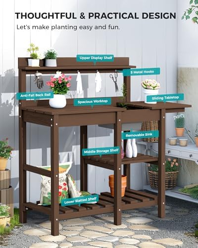 serwall outdoor potting bench with removable sink,gardening table,coffee, front angle view