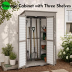 large outdoor storage cabinet with dual-zone shelves, garden showing dimensions