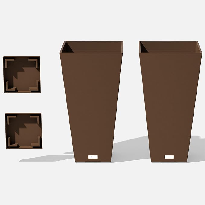 Veradek V-Resin Indoor/Outdoor Taper Planter (Espresso, 26 inch - 2 Pack with 2 Saucer Trays)