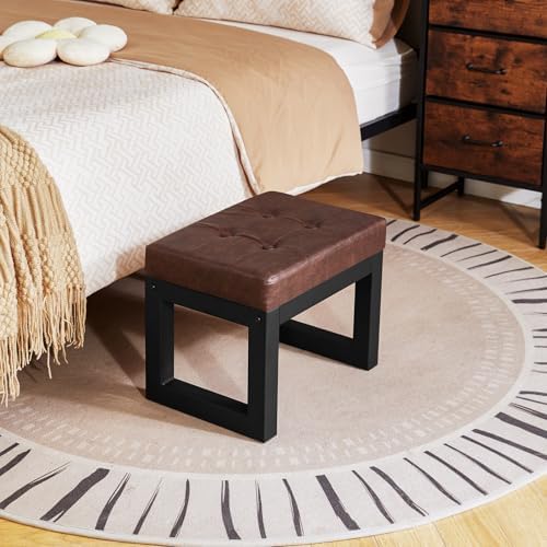 ibuyke small footstool ottoman, pu faux leather footrest,dark, front angle view