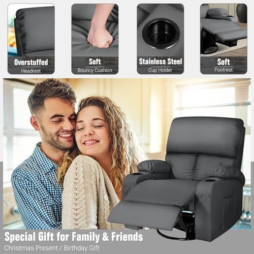 Rocking Recliner Chair, Massage Rocker Recliner Chair with Vibration Massage and Heat, 360° Swivel Faux Leather Chairs, Living Room, Bedroom, Nursery, RV, Dark Grey