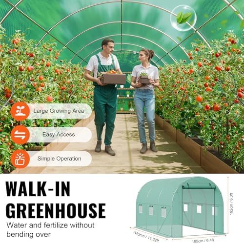vevor walk-in tunnel greenhouse, 11.3x6.4x6.3 ft hoop house showing dimensions
