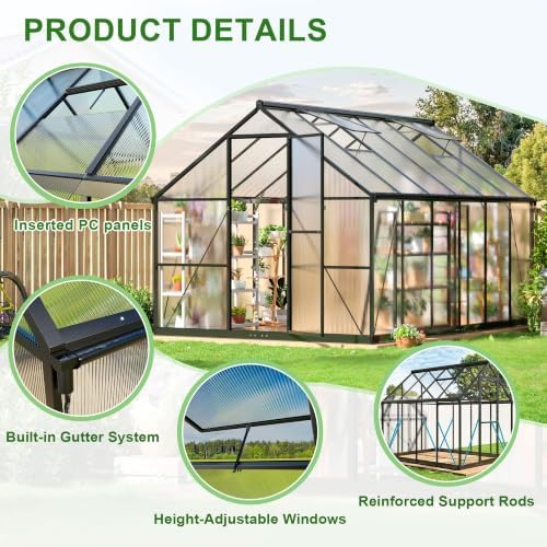polar aurora 8x12 ft outdoor walk-in polycarbonate greenhouse, side view