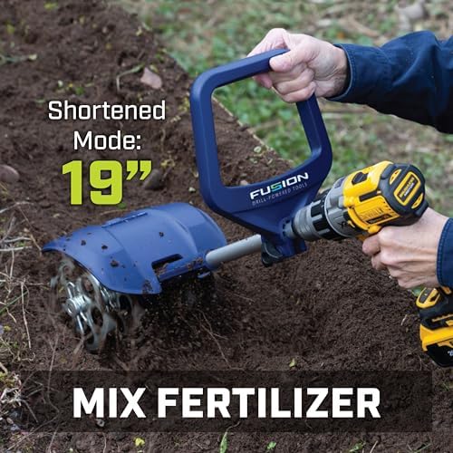 fusion drill-powered cultivator, compatible with most cordless drills, front angle view