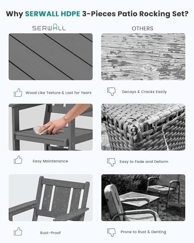 SERWALL 3-Piece Patio Furniture Set with 2 Rocking Chairs & Table, Grey | All-Weather HDPE Bistro Set: Includes rocking chairs and table with umbrella hole for cozy outdoor leisure and relaxation.