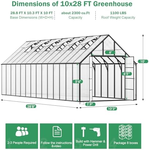 28x10x10 ft large greenhouse for outdoor with transparent, front angle view