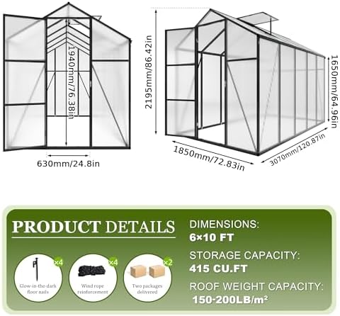7.2ft high 6*10.2ft greenhouse for outdoors,polycarbonate greenhouse with on a desk or shelf
