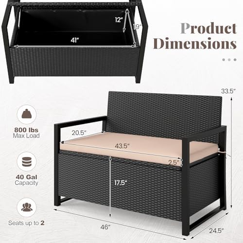 tangkula 40 gallon rattan outdoor bench with storage, close-up detail