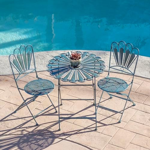 alpine corporation indoor/outdoor 3-piece peacock feather rustic metal shown in use