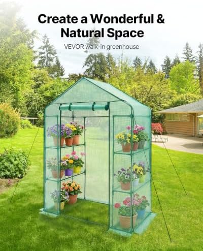 vevor walk-in greenhouse, 55.5" x 28.3" x 78.7" shown in use