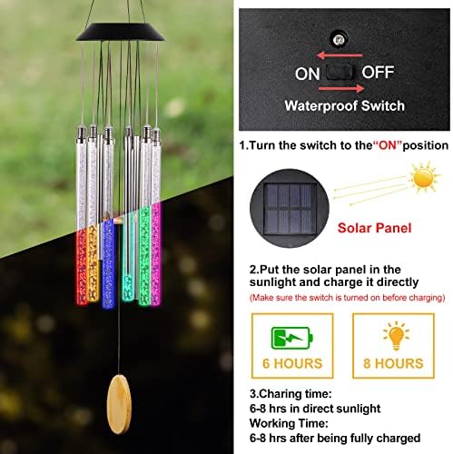 desgully solar wind chimes for outside, 6 color-changing showing dimensions