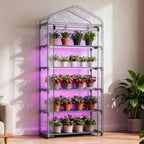 sunyrisy 5 tier indoor/outdoor greenhouse with grow lights shown in use
