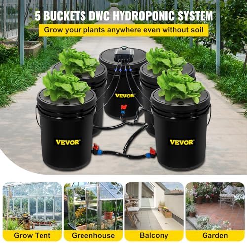vevor 5 buckets dwc hydroponic system, 5 gallon shown in use
