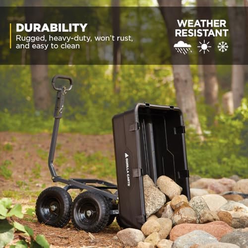 gorilla carts poly dump cart, 1200 lb. capacity showing dimensions