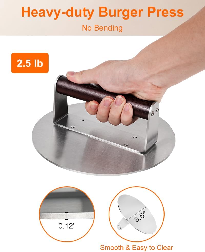 Brigii 8.5" Stainless Steel Smash Burger Press, Heavy Duty Smasher | 2.5lb, smooth surface, heat-resistant wooden handle, zero maintenance, dishwasher safe, for griddle and grill