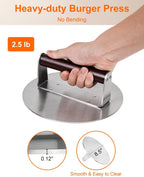 Brigii 8.5" Stainless Steel Smash Burger Press, Heavy Duty Smasher | 2.5lb, smooth surface, heat-resistant wooden handle, zero maintenance, dishwasher safe, for griddle and grill
