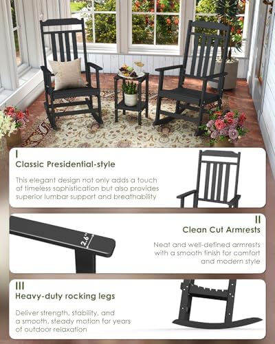GREENVINES Classic Outdoor-Rocking-Chairs-Set-of-2, HDPE Rocker, Black | 30.3" High Back | All Weather Porch Chairs Plastic | Heavy Duty | 20.5" Wide Seat | Big & Tall | for Patio Balcony Deck