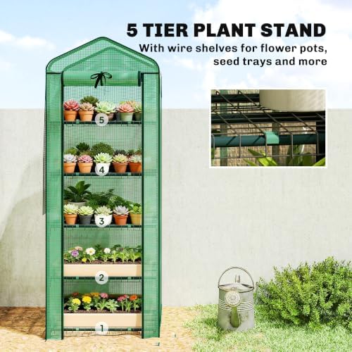 outsunny 5 tier mini greenhouse w/ screen roof showing dimensions
