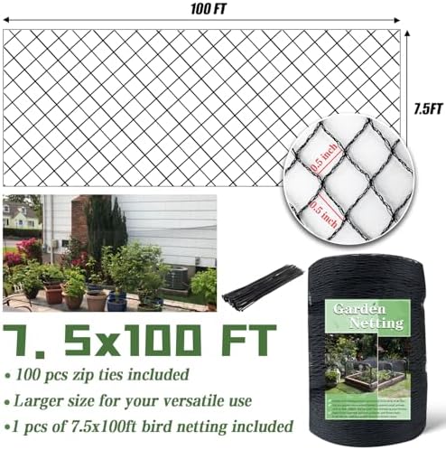 7.5 x 100 ft bird netting, 1/2" mesh showing dimensions