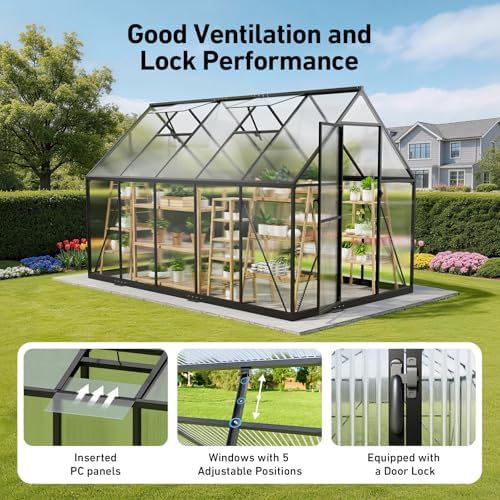 6x10ft greenhouse with hygrometer, windproof warm plant green showing dimensions