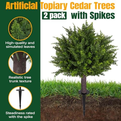 24.5 inch set of 2 topiary cedar trees, close-up detail