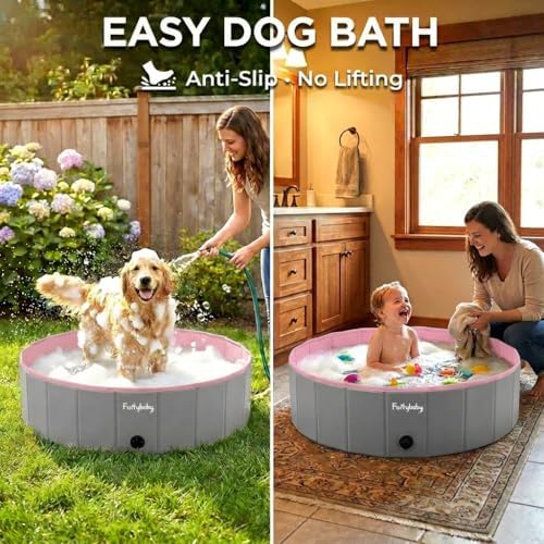 Furrybaby Foldable Dog Pool Non-Slip Hard Bath Tub Indoor Outdoor Pets Kids | Collapsible rigid dog pool with non-slip PVC, durable hard plastic tub, portable indoor & outdoor use for pets and kids, pink