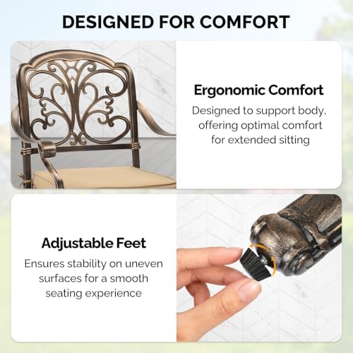 VINGLI Patio Chairs Set of 2 - Stackable Outdoor Cast Aluminum Dining Chairs with Vintage Bronze Finish and Butterfly Pattern, Metal Armchairs for Poolside, Backyard, Balcony (with Cushion)