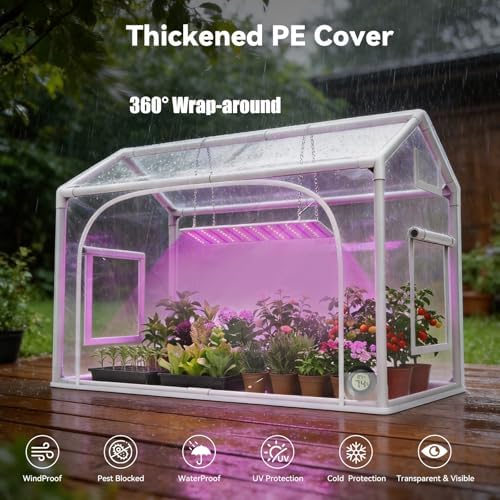 mini greenhouse with grow light, timer & hygrothermograph on a desk or shelf