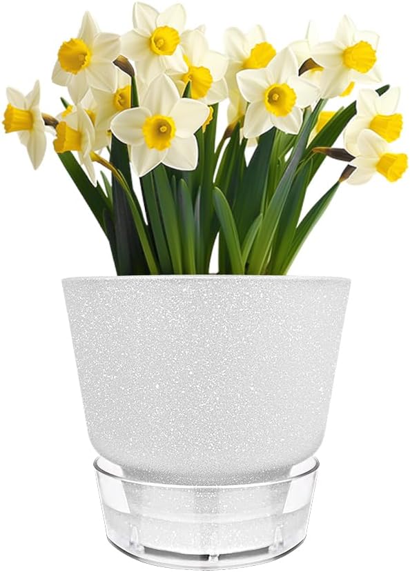 2024 Upgraded 5 Pack 6-Inch Self-Watering Planter Pots with Deep Reservoir for Indoor and Outdoor Plants with Planting Tools (Frosted White)