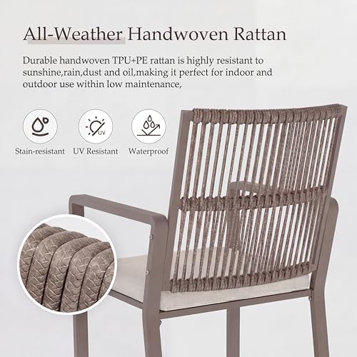 Outdoor Patio Dining Chair, 400 Lbs, Light Brown, Set of 2 | All-weather Woven Rope, Sturdy Frame,Ergonomic Backrest, Removable Breathable Cushion,for Patio & Garden