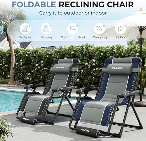 UDPATIO Oversized Zero Gravity Chair Outdoor Patio Folding Recliner | 33in Adjustable Anti Gravity Padded Lounge Chair with Cup Holder, Foot Rest & Headrest for Camping Garden Indoor Black/Gray