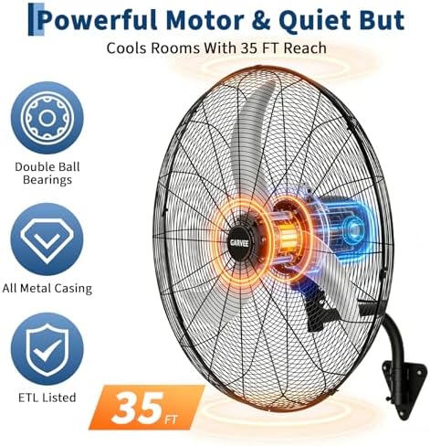 garvee 24 inch wall-mount misting fan, 3-speed ip44 showing dimensions