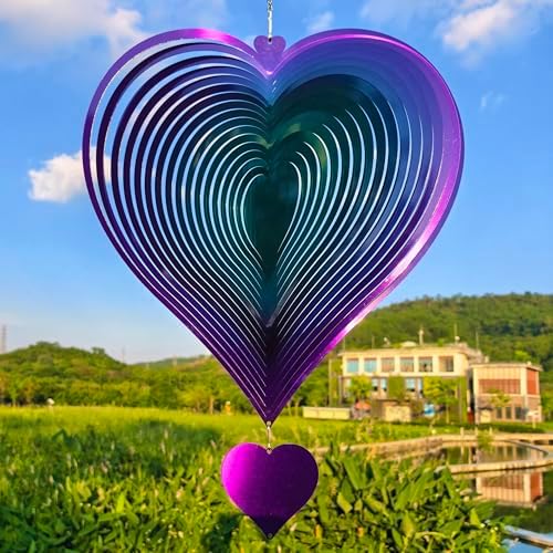 DJUAN 15in Large Heart Wind Spinner Garden Decor,Gifts for Women,Mom and Grandma,Mother's Day,Birthdays, Purple-Green Stainless Steel Hanging Yard Art Outdoor & Indoor Decorations