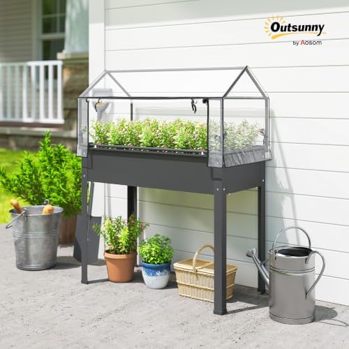 outsunny raised garden bed with flip-up cover, 39.4"x18.9"x48.8" shown in use