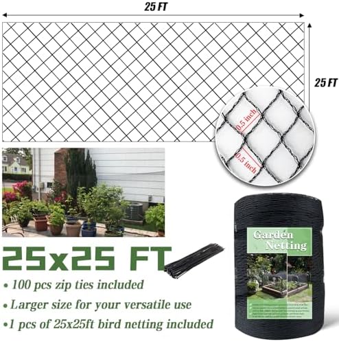25 ft bird netting, 1/2" mesh garden netting showing dimensions