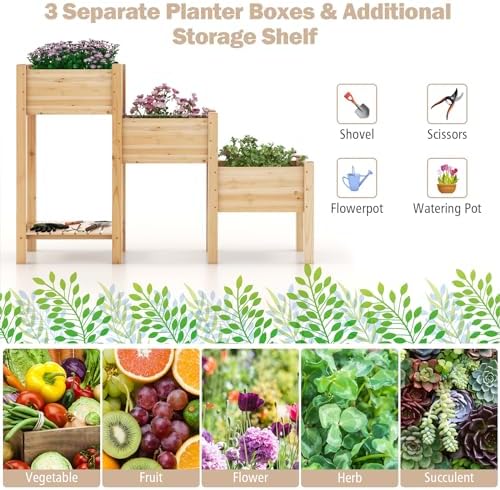 costway raised garden bed, 3-tier wooden elevated planter, close-up detail